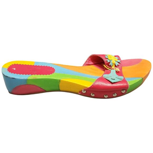 Gionata Dardi‎ Wooden Flat Sandals Womens Size 7.5 Multicolor Studded Slip On - Picture 1 of 16